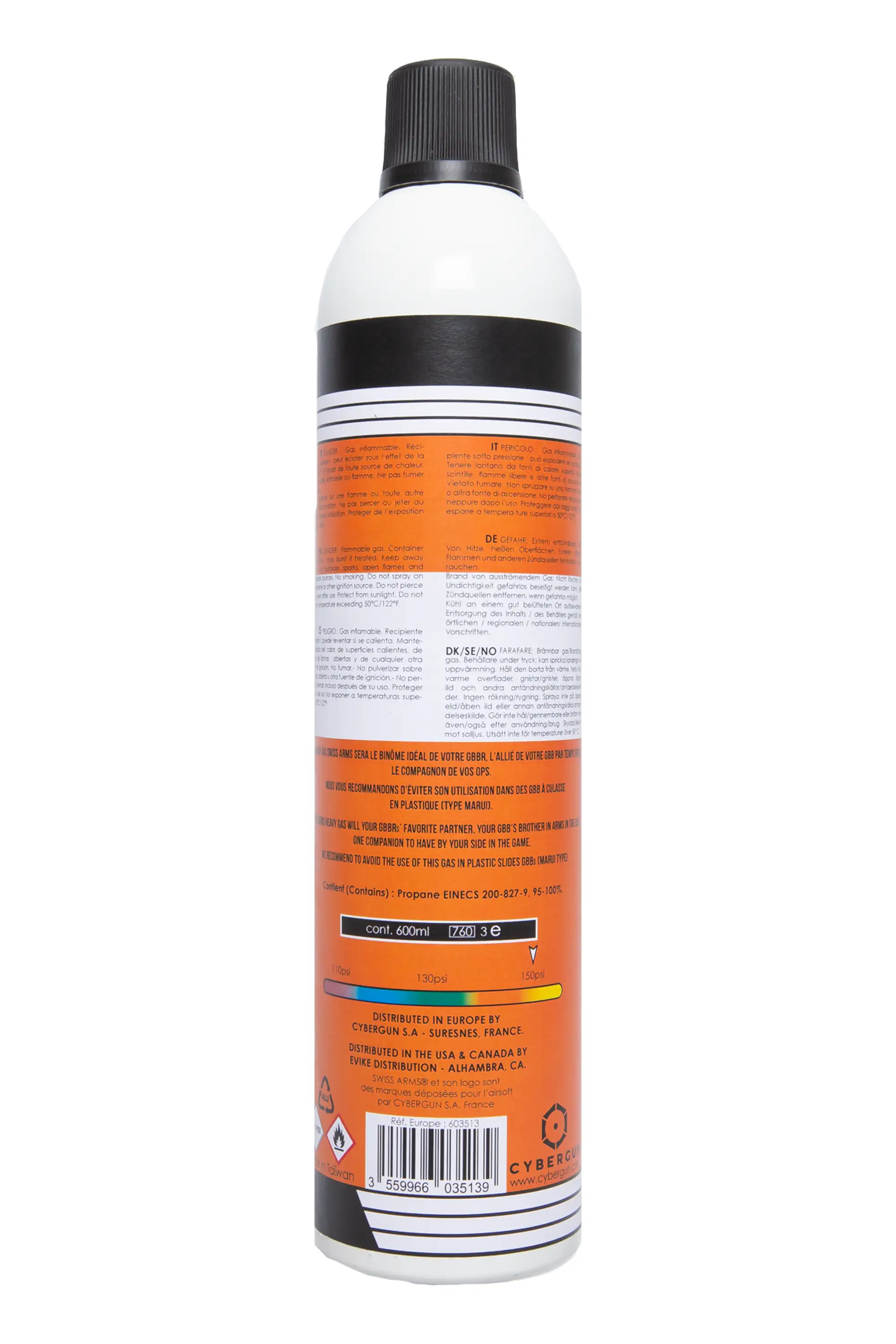 603513 - 150PSI Gas bottle - Without silicone / 600ml - Swiss Arms